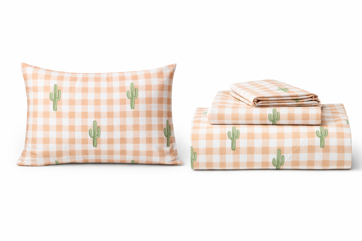 Peach Gingham Cactus Sheet Set – 6 Piece Queen Western Bedding Set