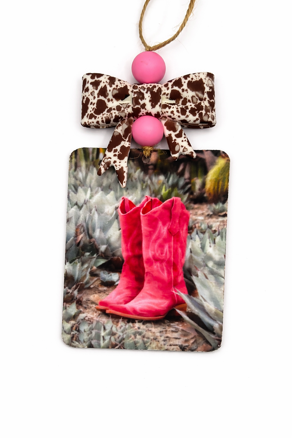 Pink Cowgirl Boots Car Freshie with Cow Print Bow