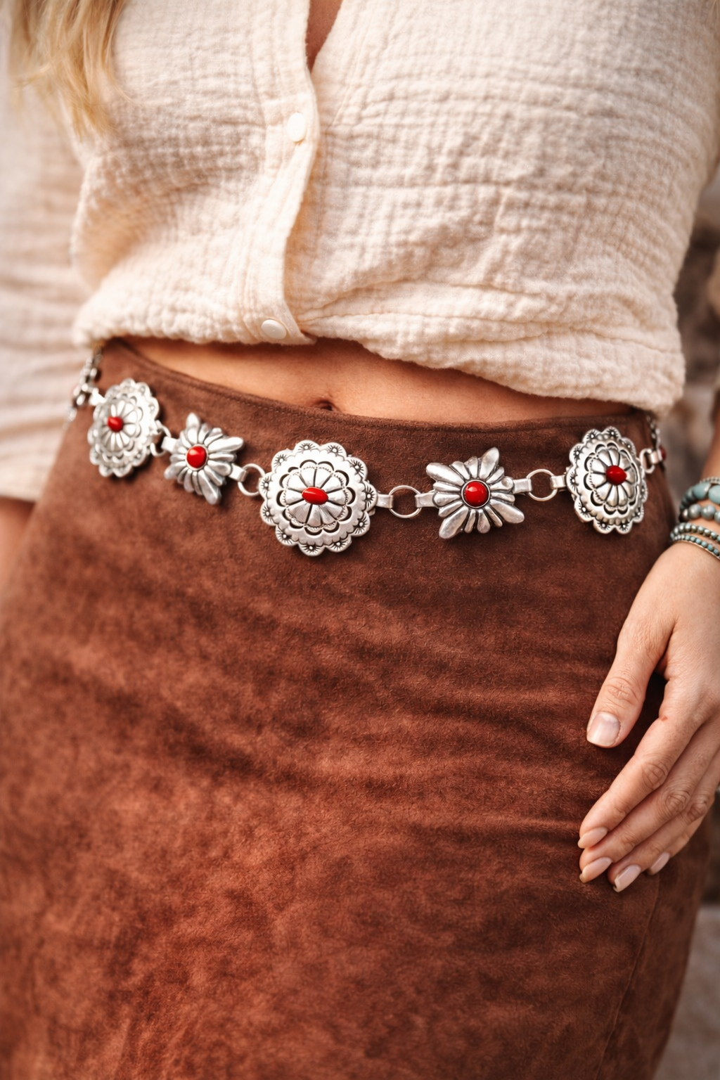 Silver Concho Chain Belt with Red Stone