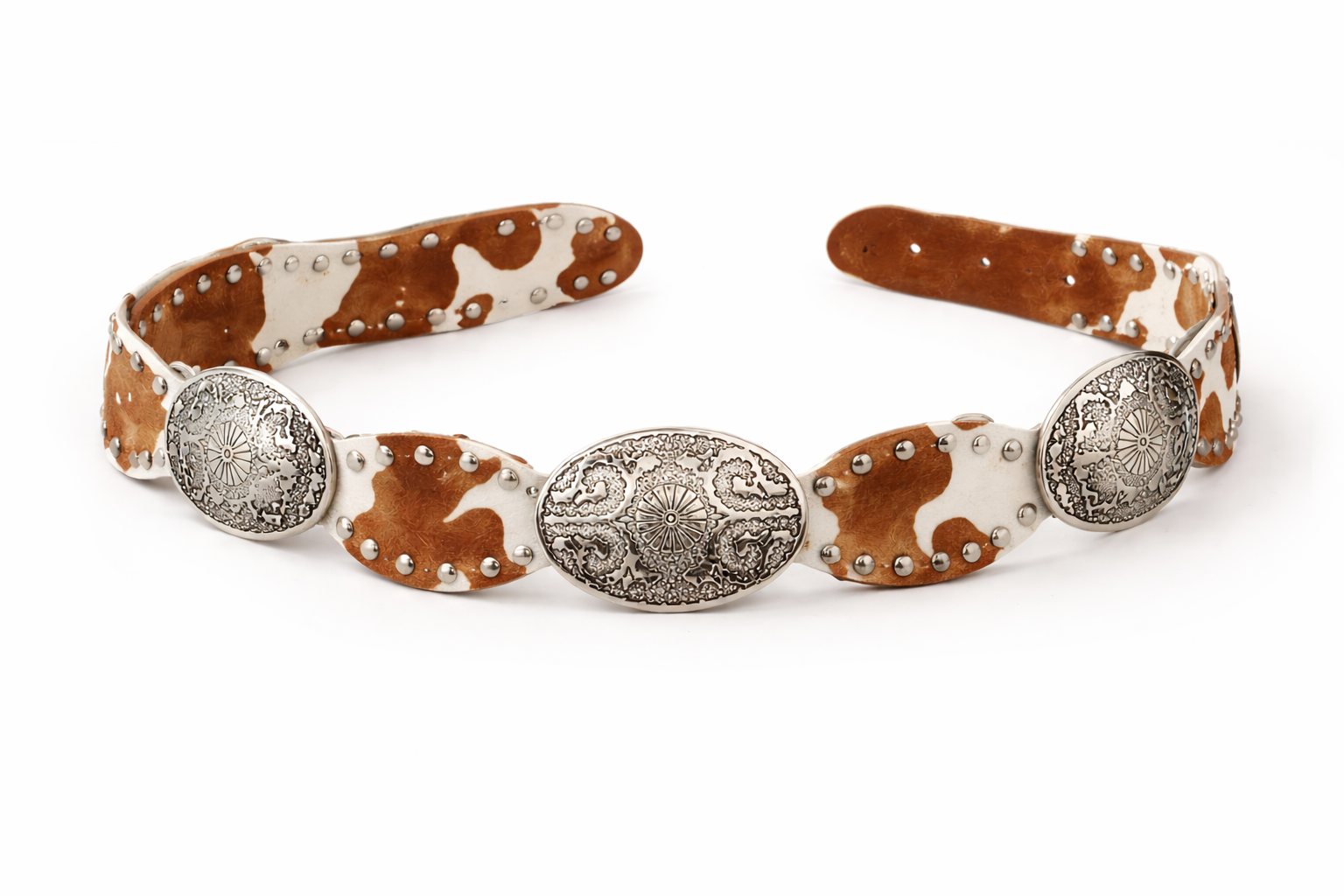 Cowhide Brown & White Western Concho Belt