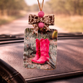 Pink Cowgirl Boots Car Freshie with Cow Print Bow