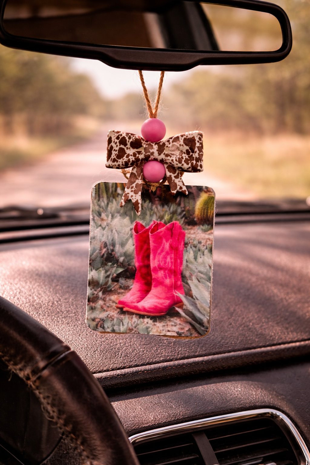 Pink Cowgirl Boots Car Freshie with Cow Print Bow