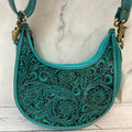 Turquoise Tooled Leather Half-Moon Crossbody Bag