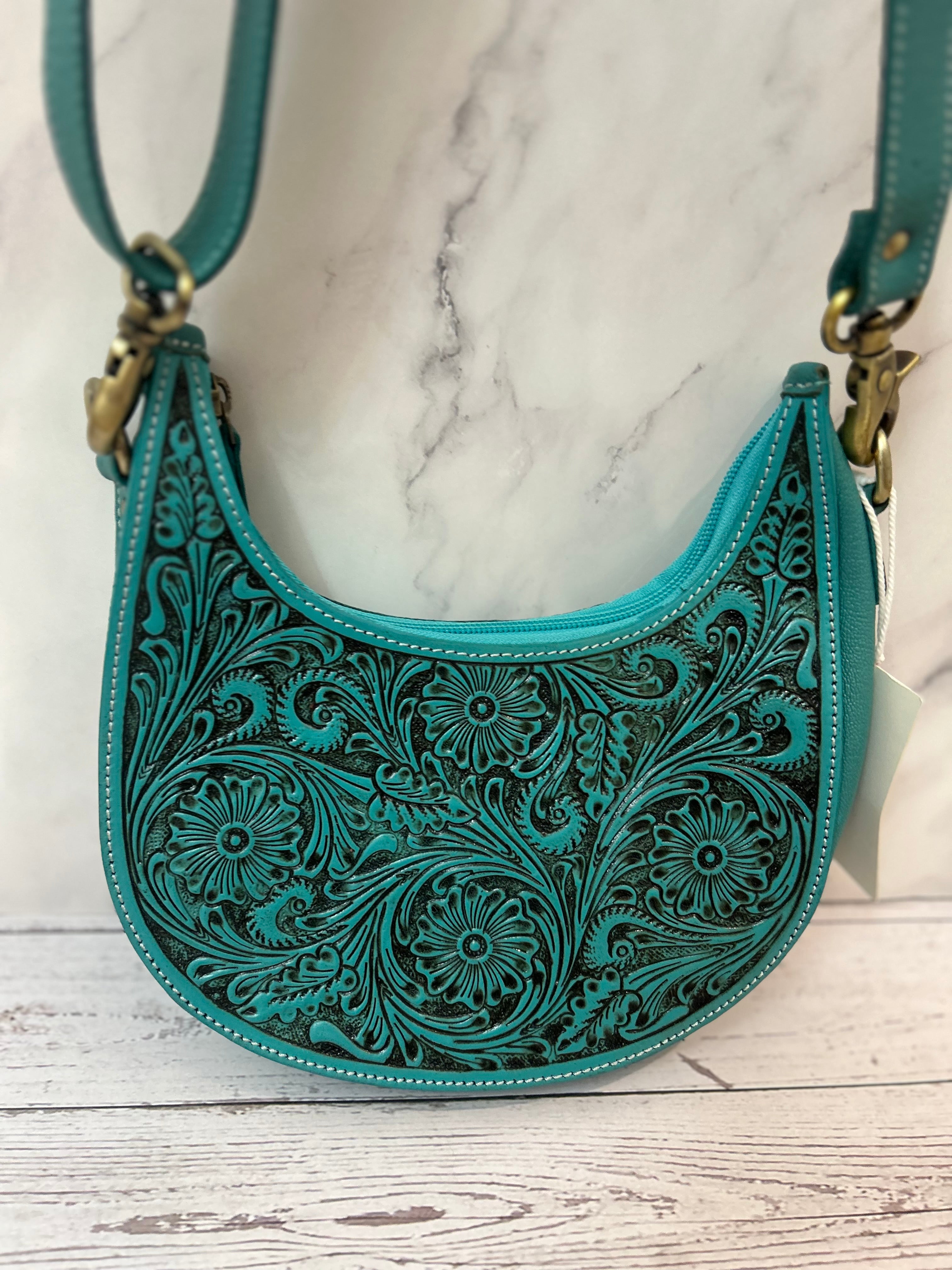 Turquoise Tooled Leather Half-Moon Crossbody Bag