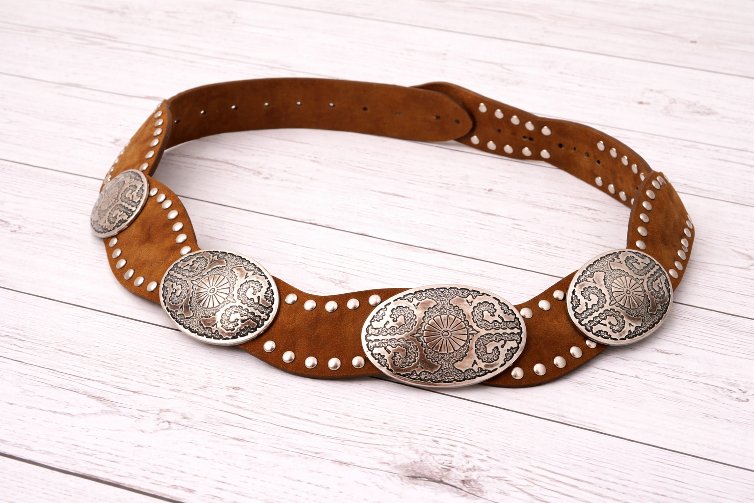 Brown Leather Studded Boho Cowgirl Belt