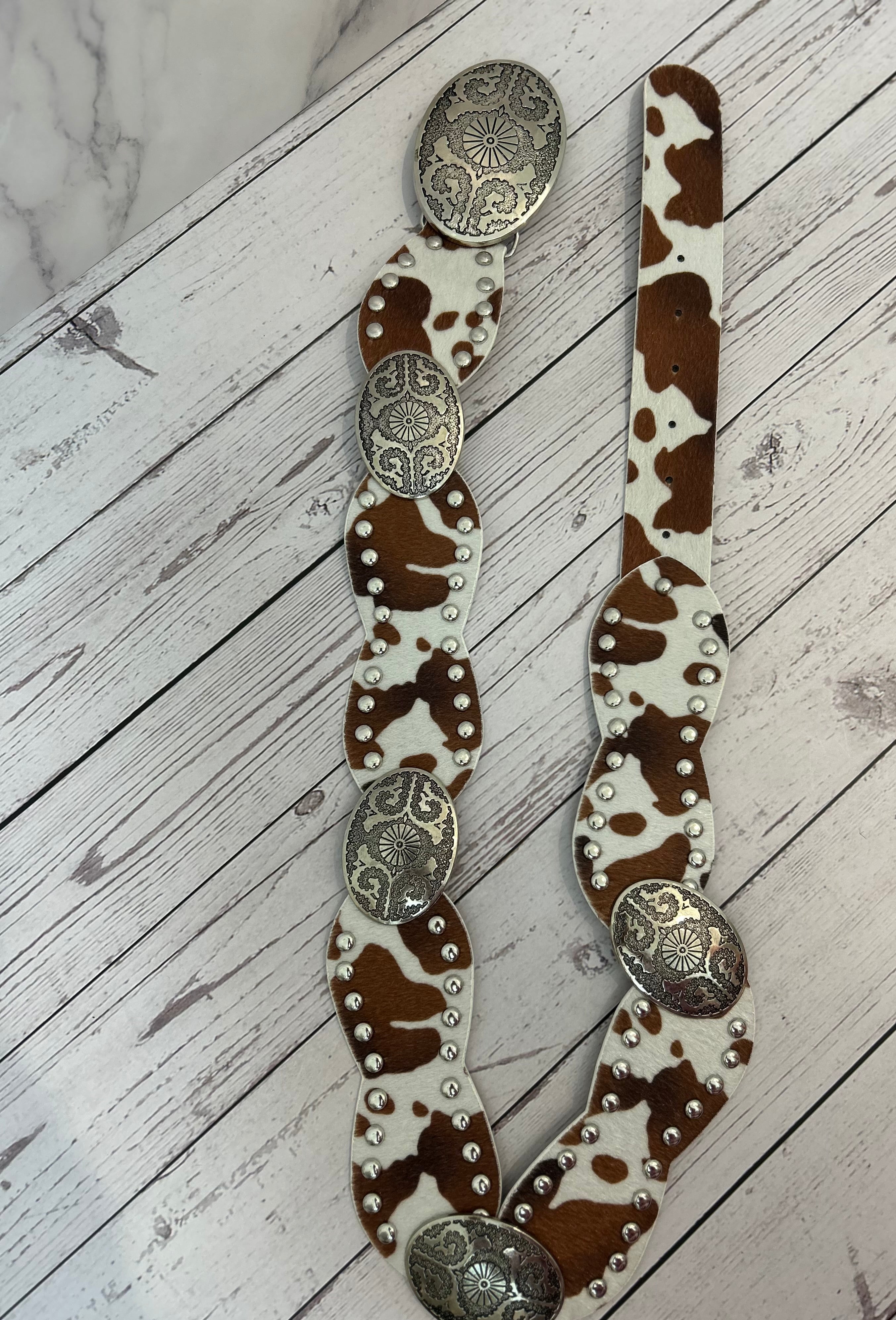 Cowhide Brown & White Western Concho Belt