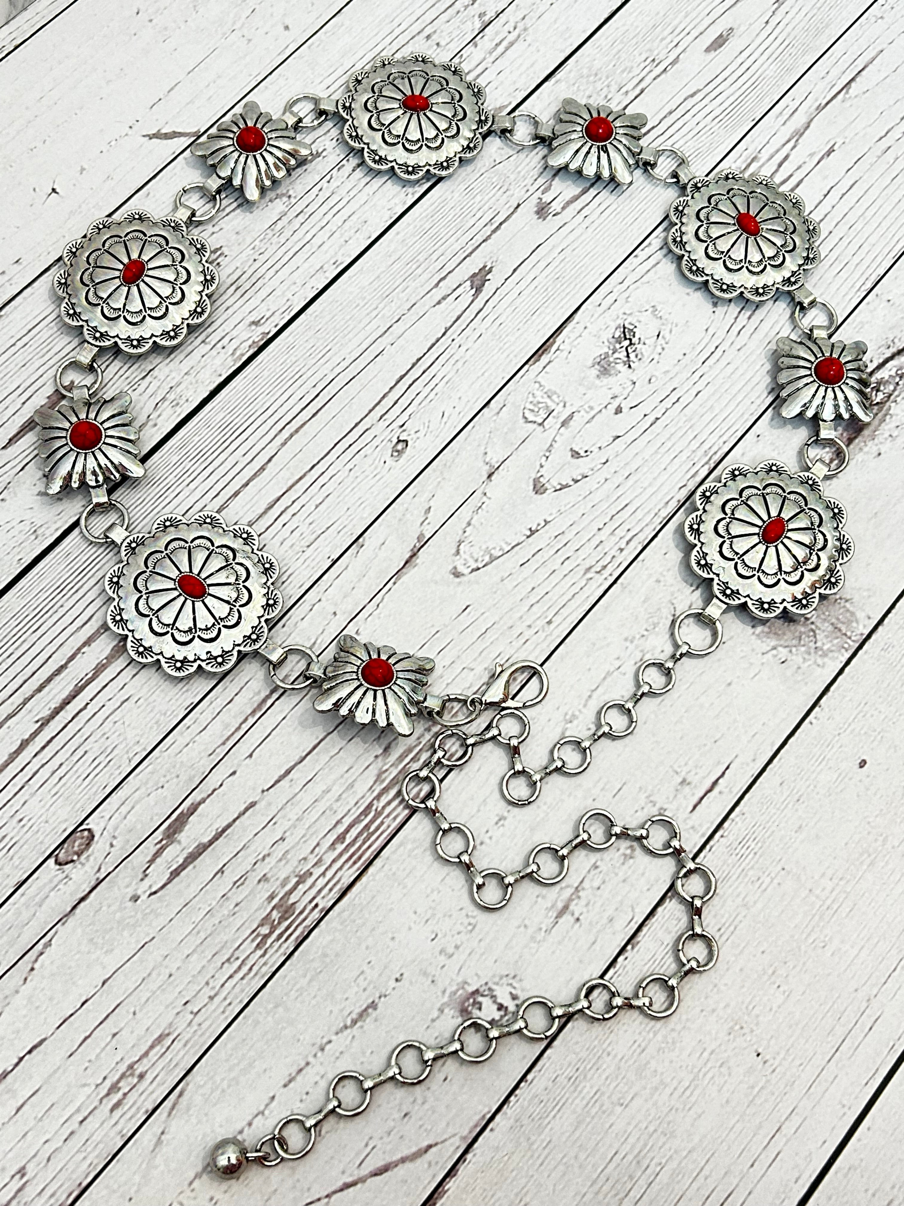 Silver Concho Chain Belt with Red Stone