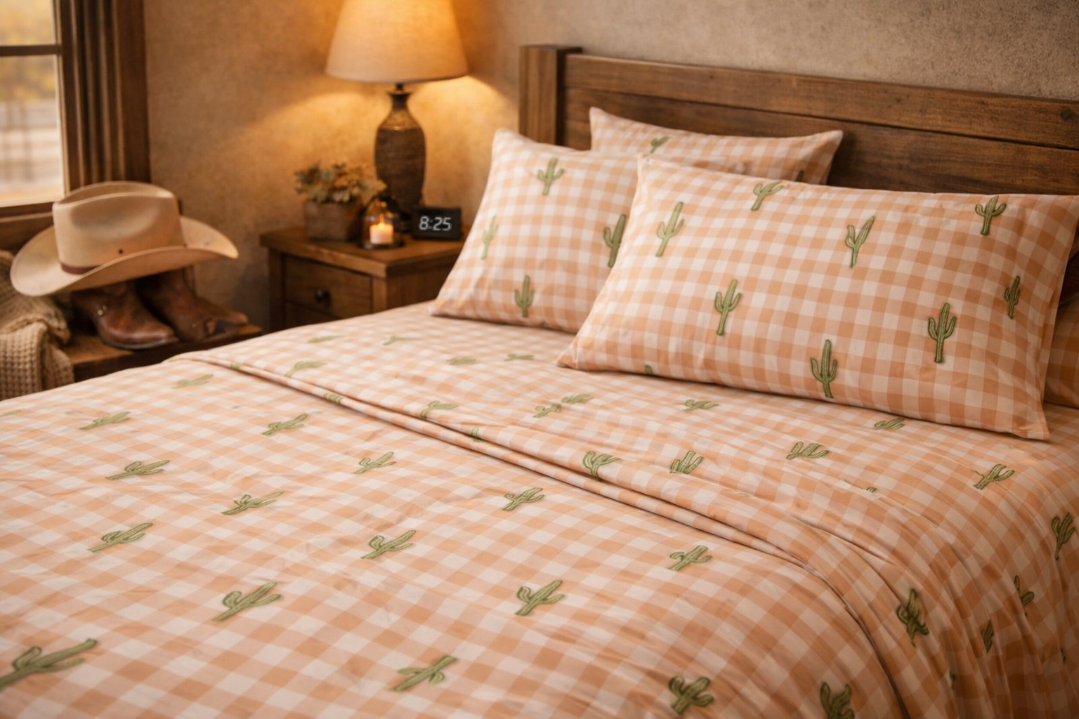 Peach Gingham Cactus Sheet Set – 6 Piece Queen Western Bedding Set