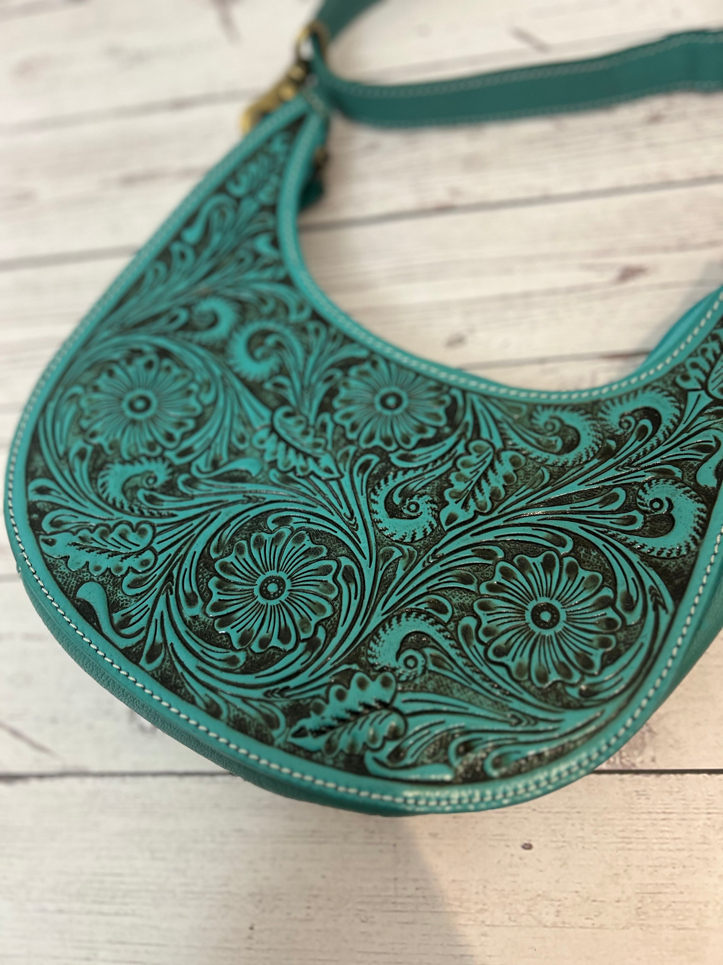 Turquoise Tooled Leather Half-Moon Crossbody Bag