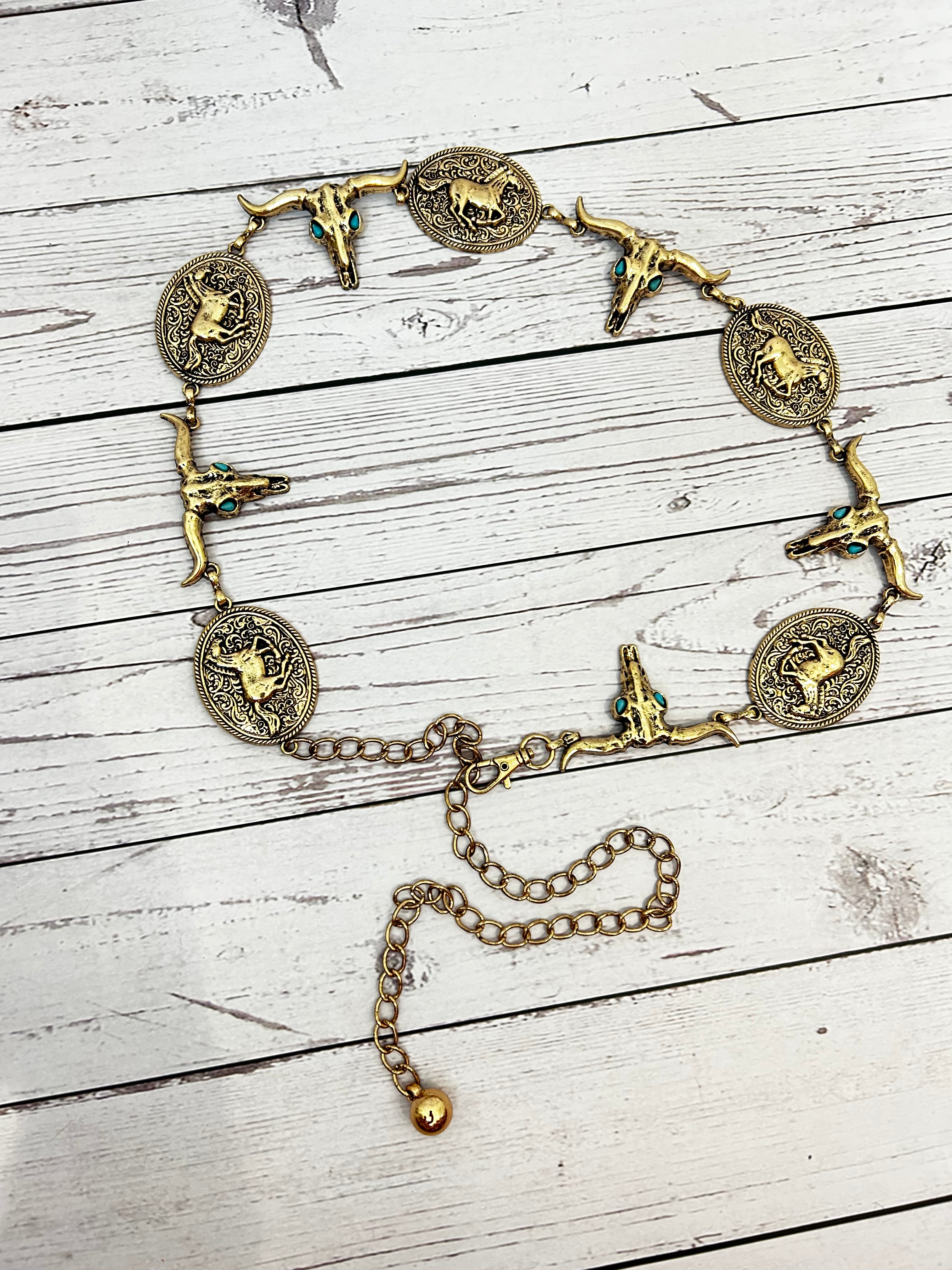 Gold & Turquoise Longhorn Concho Chain Belt